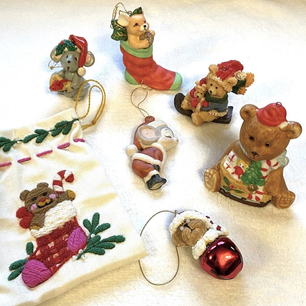 Lot of 7 Unique Mice & Bear Vintage Ornaments